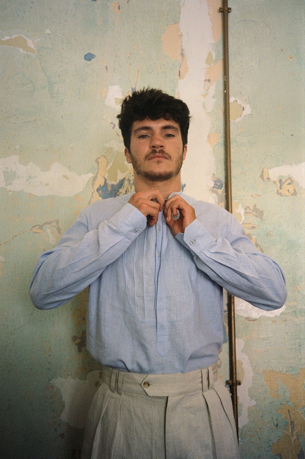 Faux Tuxedo Shirt Baby Blue Linen