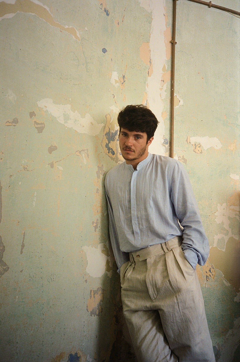 Faux Tuxedo Shirt Baby Blue Linen