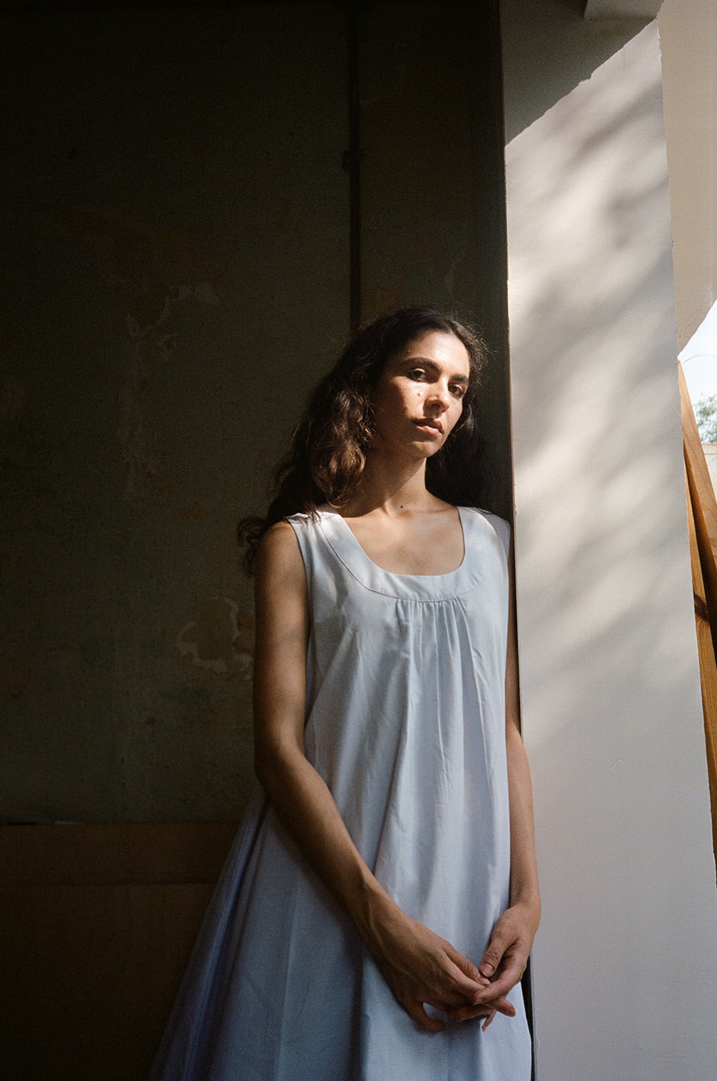 Nana Dress hint of periwinkle washed poplin